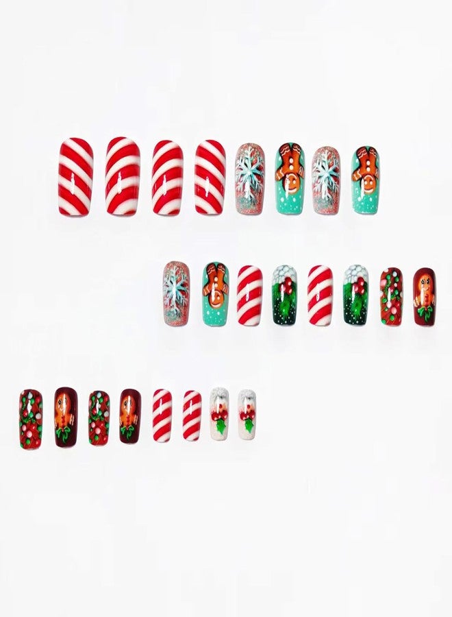 ASABITE 24Pcs Christmas Square Press on Nails Short Christmas Fake Nails with Snowflake Gingerbread Doll Stripe Design Cute Square Nails Press ons Winter Xmas Glue on Nail for Women Manicure Decor - Image 2