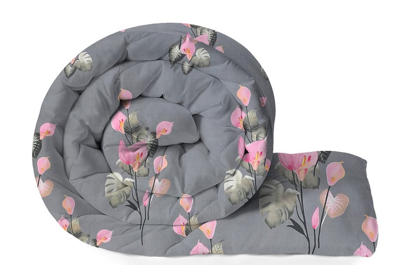 VAS COLLECTIONS VAS COLLECTIONS 350TC Floral Cotton Feel AC Comforter Set King Size Double Bed with 1 Fltted bedsheet Two King Pillow Covers 4 Pieces Bedding Set 90x100 inch 72x78 inch Grey Pink  - Image 4