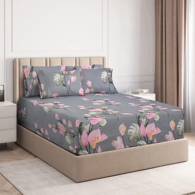 VAS COLLECTIONS VAS COLLECTIONS 350TC Floral Cotton Feel AC Comforter Set King Size Double Bed with 1 Fltted bedsheet Two King Pillow Covers 4 Pieces Bedding Set 90x100 inch 72x78 inch Grey Pink  - Image 2