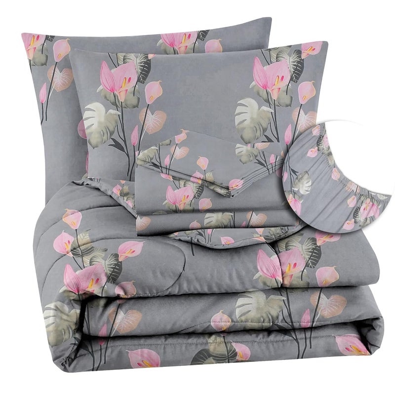 VAS COLLECTIONS VAS COLLECTIONS 350TC Floral Cotton Feel AC Comforter Set King Size Double Bed with 1 Fltted bedsheet Two King Pillow Covers 4 Pieces Bedding Set 90x100 inch 72x78 inch Grey Pink  - Image 1