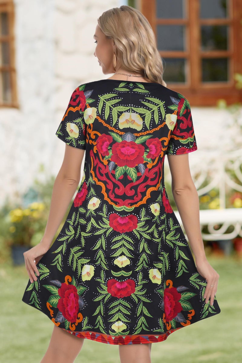 elescat Summer Dresses for Women Casual Loose Short Sleeve Sundress Scoop Neck Beach Cover Up with Pockets(Red Boho, L) - Image 5