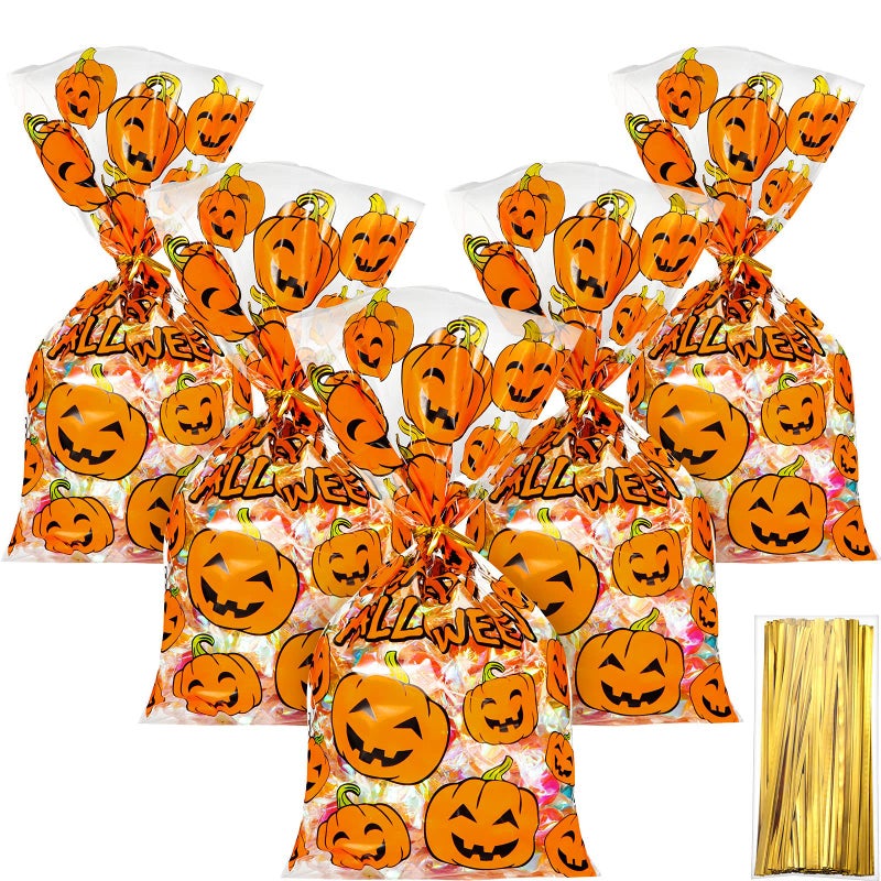 HESTYA 50 Counts 15 x 25 cm Flat Clear Cellophane Treat Bags Block Bottom Pumpkin Halloween Patterned Storage Bags Sweet Bags with 300 Pieces Twist Ties for Halloween Christmas Party FavorStyle D