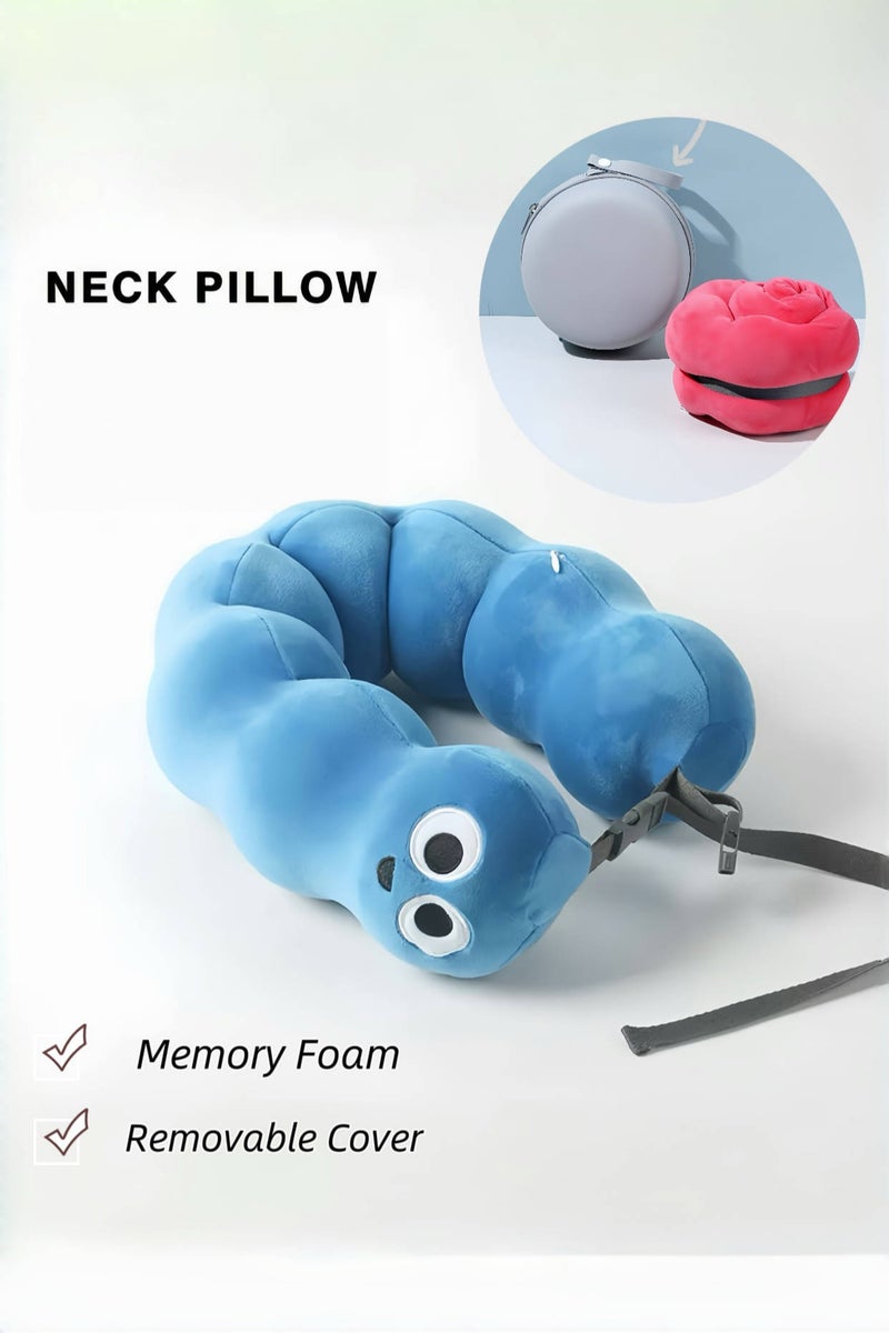 Cute Blue Memory Foam Neck Pillow – Foldable, Comfortable, Removable Cover, with Storage Box for Easy Travel - Image 1