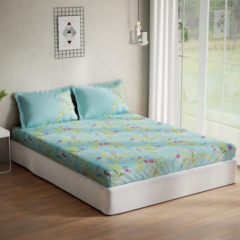 DDECOR Live beautiful DDECOR Pack of 1 Viola Floral Cotton Double Bedsheet with 2 Pillow Covers Blue 