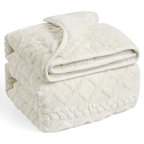 Wemore Weighted Blanket for Adults Twin Size 20 lbs, Dual Sided Soft Fuzzy Jacquard Sherpa Weighted Blankets Throw, Cozy Fluffy Knitted Heavy Blanket for Bed and Couch, Cream White, 60 x 80 inches - Image 1