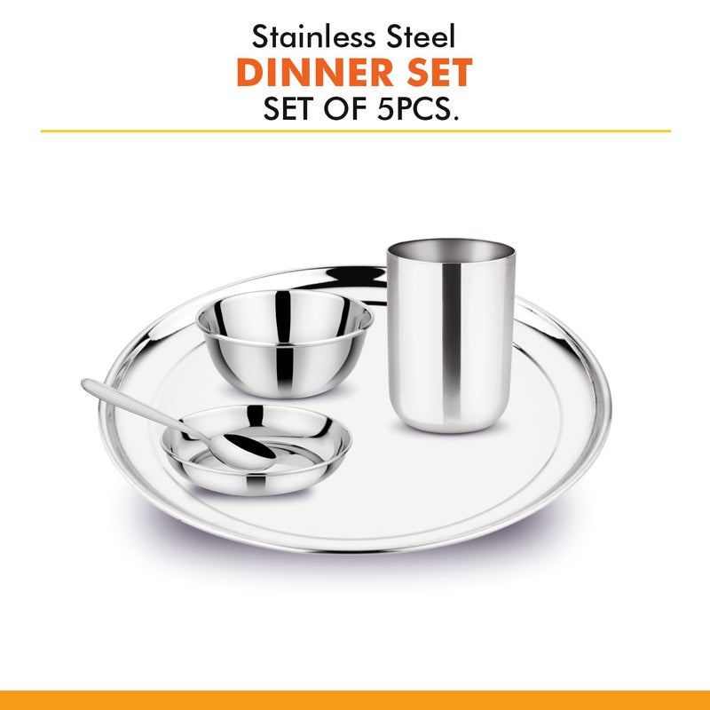The Indian Aura Stainless Steel Delight Solid Dinner Set (5Pcs), 1 Full Plate, 1 Glass, 1 Bowl, 1 Halwa Plate and 1 Spoon, Dinner Set, Steel Thali Set, Plate Set, Steel Dinner Set, Heavy. - Image 2