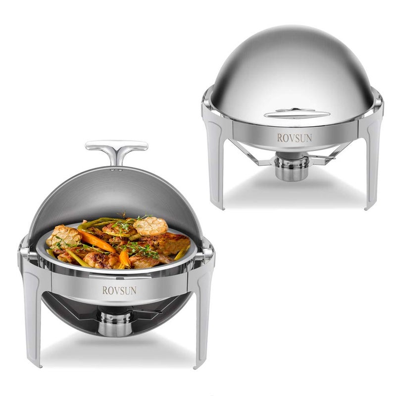 ROVSUN ROVSUN 2Pack Roll Top Chafing Dish Buffet Set6 Quart Full Size Pan Chafer NSF Stainless Steel Round Set with Food Pan Water Pan and Fuel Holders for Wedding Parties Banquet Catering Events 