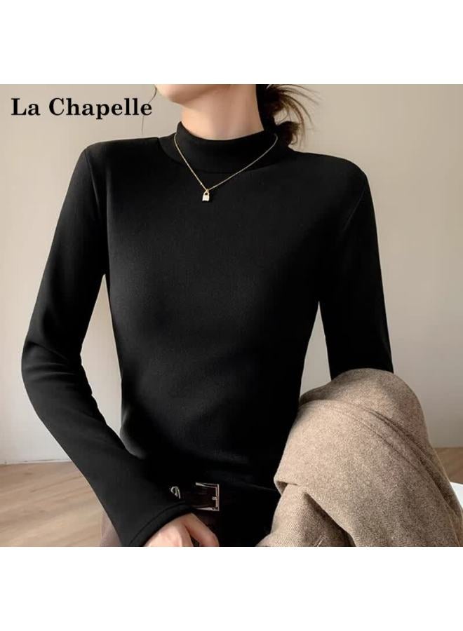 La Chapelle Fleece-lined Half Turtleneck Cashmere Base Shirt Women Winter Thickened Silk Warm Long Sleeve Coffee XL - Image 2