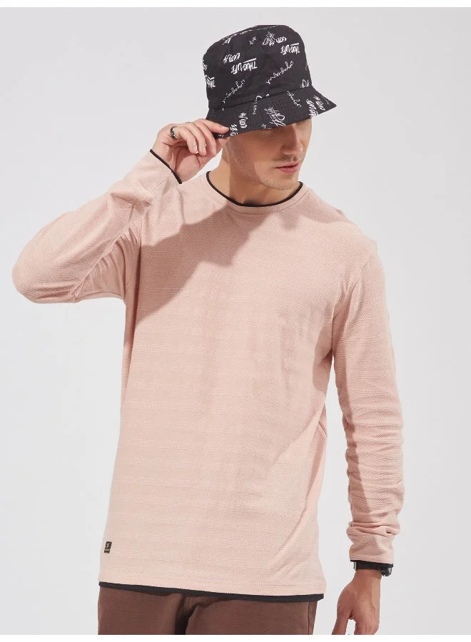 Maniac Maniac Mens Solid Round Neck Full Sleeve Pink Cotton Slim Fit T-Shirt