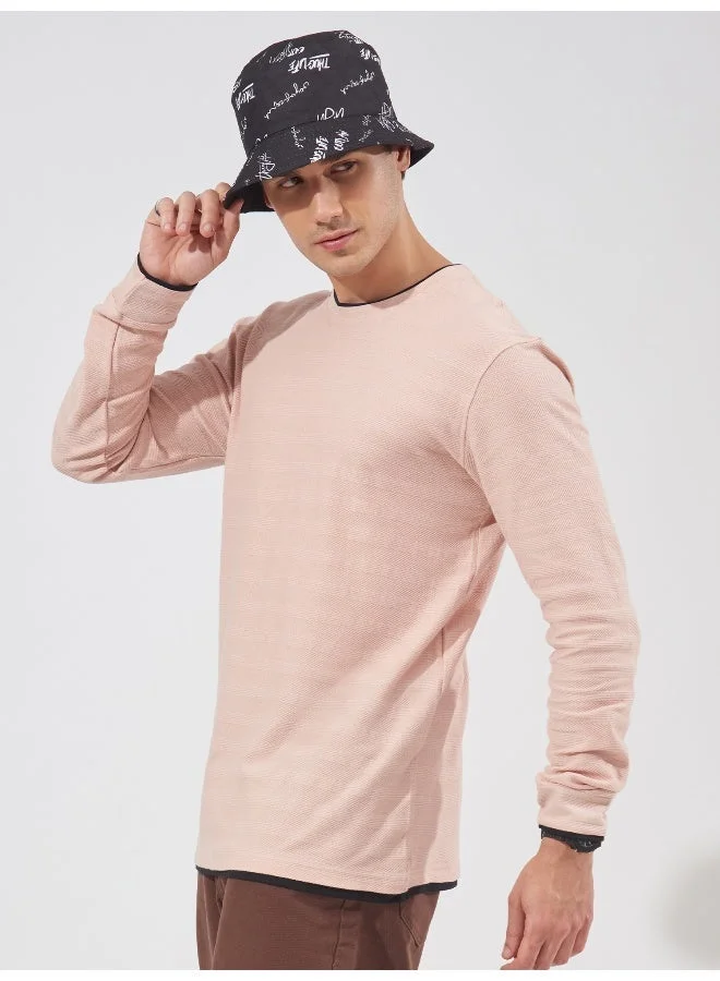 Maniac  Maniac Mens Solid Round Neck Full Sleeve Pink Cotton Slim Fit T-Shirt for Men | Best Price UAE