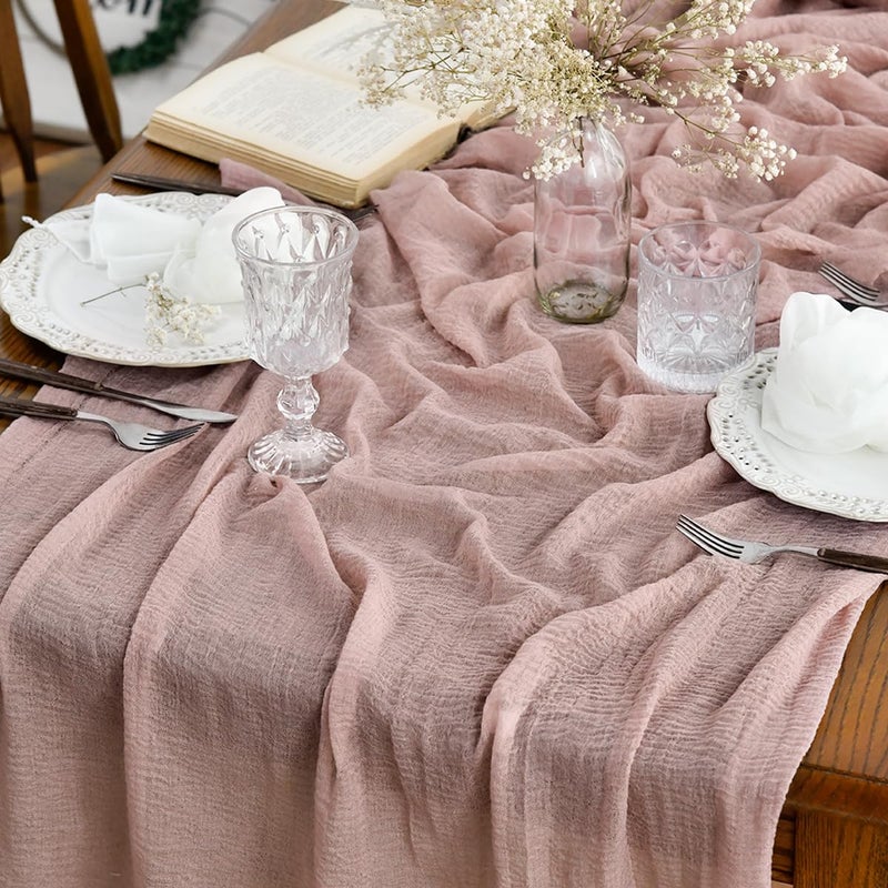 Artoid Mode Boho Dusty Pink Gauze Wedding Cheesecloth 300 cm Table Runner Seasonal Fabric Kitchen Dining Holiday Table Decor for Home Party