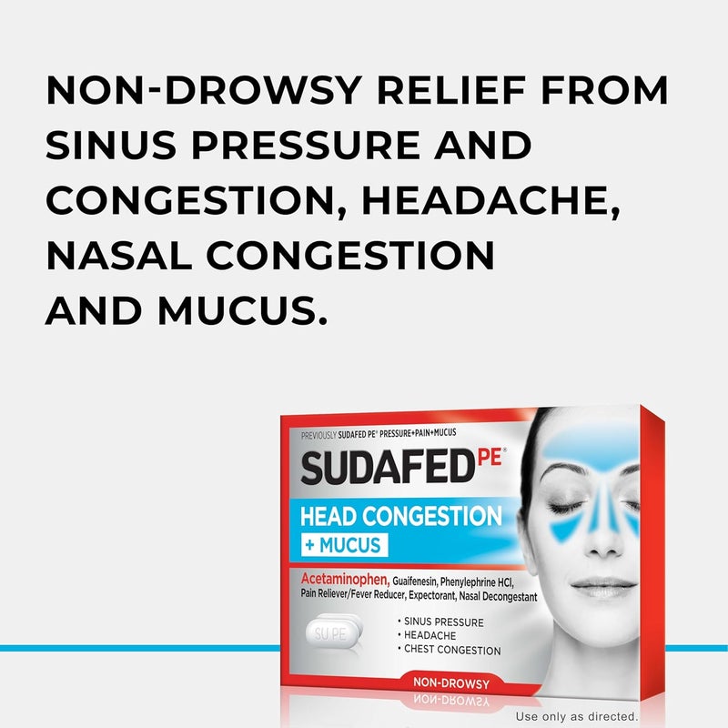 Sudafed PE Head Congestion  Mucus Relief Tablets for Sinus Pressure Congestion  Headache NonDrowsy Decongestant with Acetaminophen Guaifenesin  Phenylephrine HCI 24 ct - Image 2