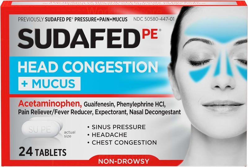 Sudafed PE Head Congestion  Mucus Relief Tablets for Sinus Pressure Congestion  Headache NonDrowsy Decongestant with Acetaminophen Guaifenesin  Phenylephrine HCI 24 ct - Image 1