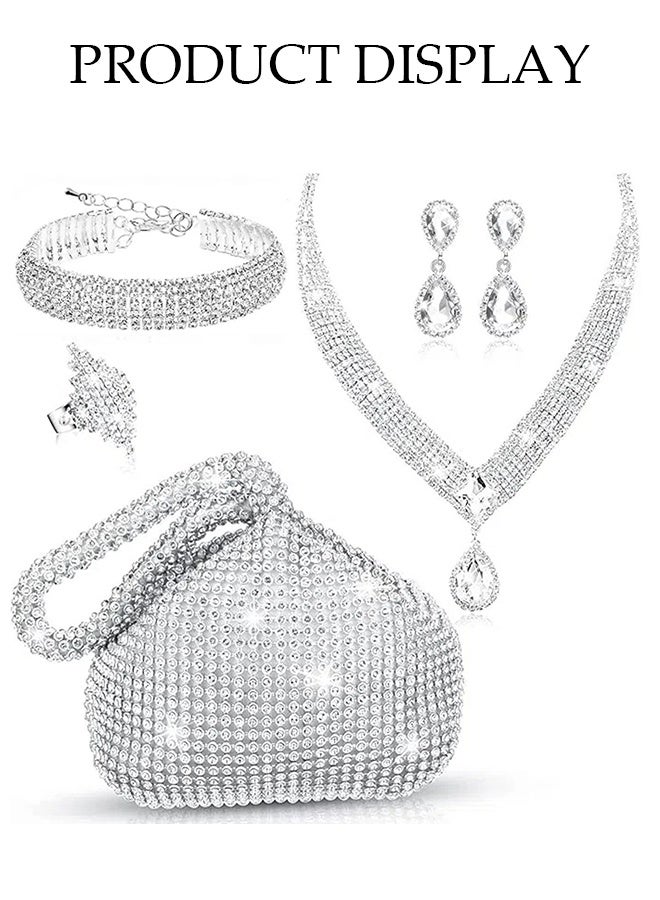 DUNISO 5 Piece Clutch Bag Rhinestone Jewelry Set, Sparkling Rhinestone Necklace Earrings Bracelet Ring Evening Bag for Women Dinner Date Wedding, Silver - Image 2