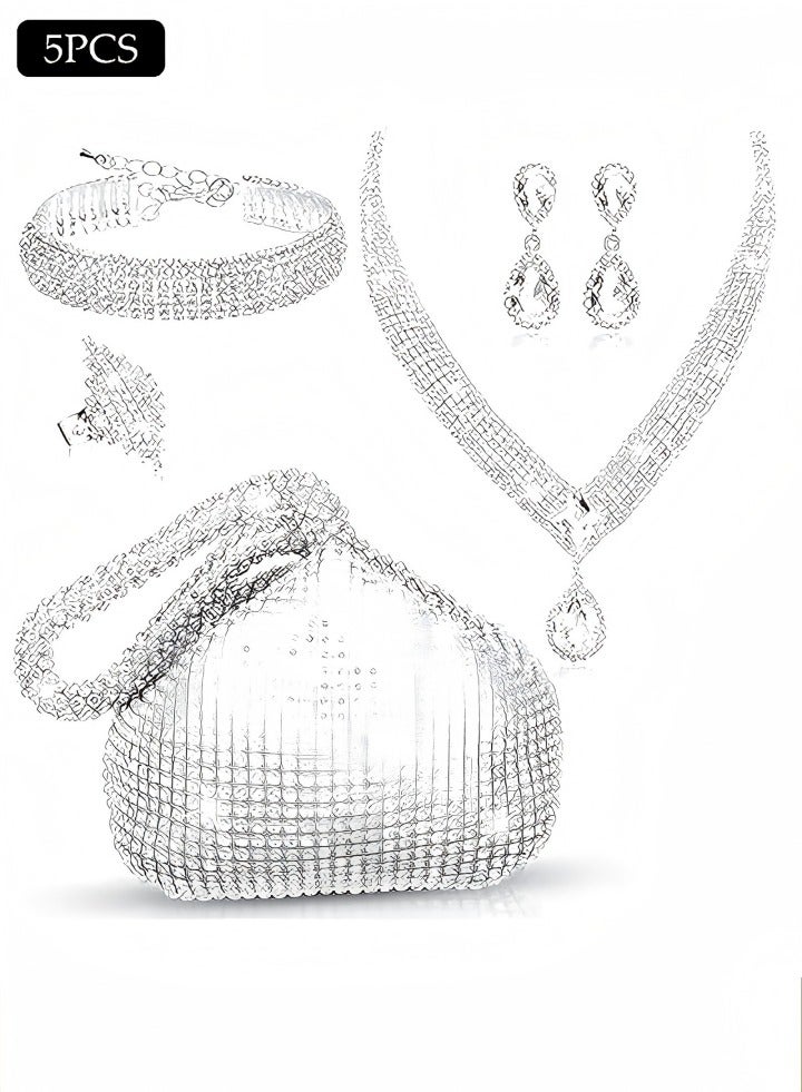 DUNISO 5 Piece Clutch Bag Rhinestone Jewelry Set, Sparkling Rhinestone Necklace Earrings Bracelet Ring Evening Bag for Women Dinner Date Wedding, Silver - Image 1