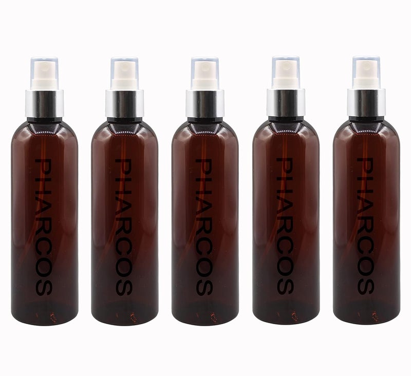 Pharcos 200Ml Amber Plastic Bottle With Silver Metallic Collar White Mist Spray Unbreakable LeakProof Refillable Containers For Home Office Car And Cleaning Oils Sanitizers Pack Of 5 - Image 1