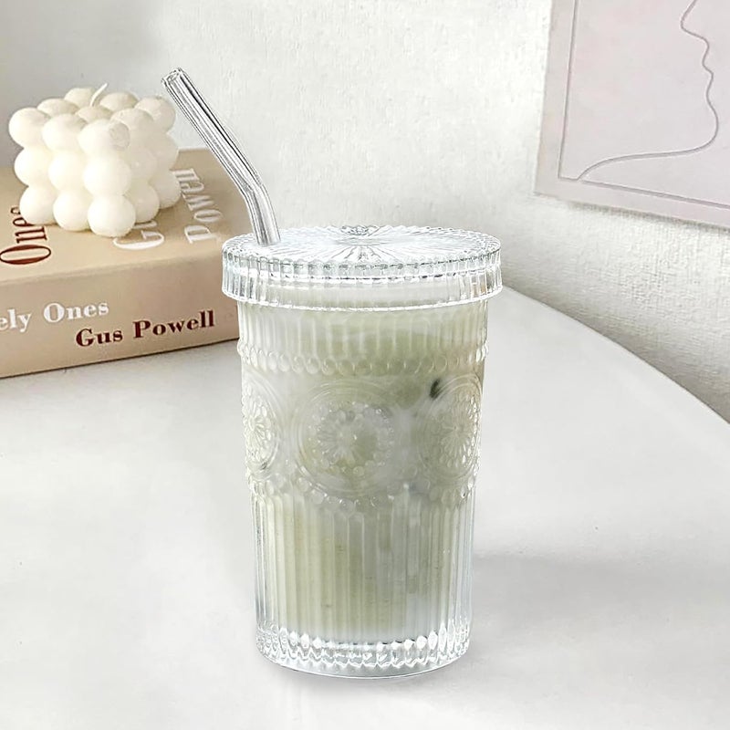 YAHUIPEIUS All-item matching trendy build Glass Tumbler Stripe Vintage Drinking Glass Cup Coffee Cup With Lid and Straw Drinking Glasses for Water,Iced Coffee,Milk,Tea,Juice (B-Vintage), TWBZ-0115 Narrow & wide space compatible - Image 1