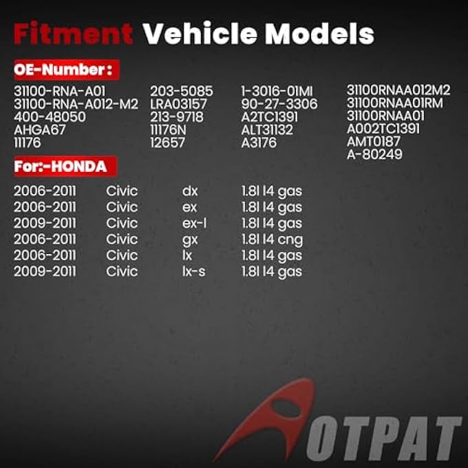 AOTPAT Alternator for:-Honda Civic LX 2006-2008 2009-2011, Civic EX 2006-2011, Civic GX 2006-2011, Civic DX 2006-2011, Civic EX-L LX-S 2009-2011, 1.8L L4, 12V 80Amp, OE# 31100-RNA-A01 11176N - Image 2