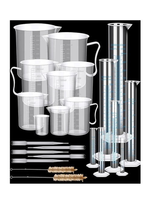 23 Pcs Plastic Graduated Cylinders and Beakers, Pipettes Set, Include 7 Pcs 1025501002505001000ml Cylinders 9 Pcs 501002503005001000ml Beakers 5 Pipettes and 2 Brush for Science Lab
