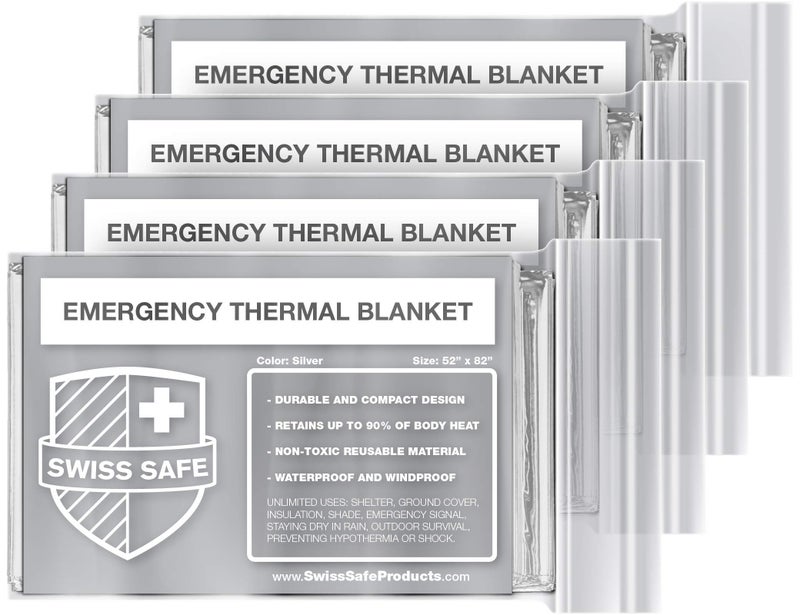 Swiss Safe 4 Pack Mylar Emergency Blankets for Survival - Compact & Insulated for Cold Weather - Designed for NASA, Outdoor, Running, Camping, Survival, First Aid Car Kit - Silver, 4 Pack - Image 1