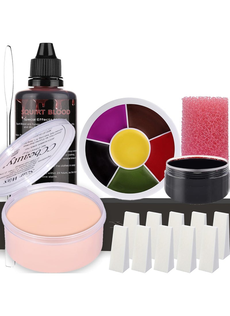 CCbeauty - CCbeauty 7Pcs Halloween SFX Special Effects Makeup Kit - 2.7oz Modeling Scar Wax +6 Colors Bruise Wheel + 2.3oz Splatter Blood + 1oz Coagulated Blood with Spatula + Stipple Sponge,Fair-Light Skin - Image 1