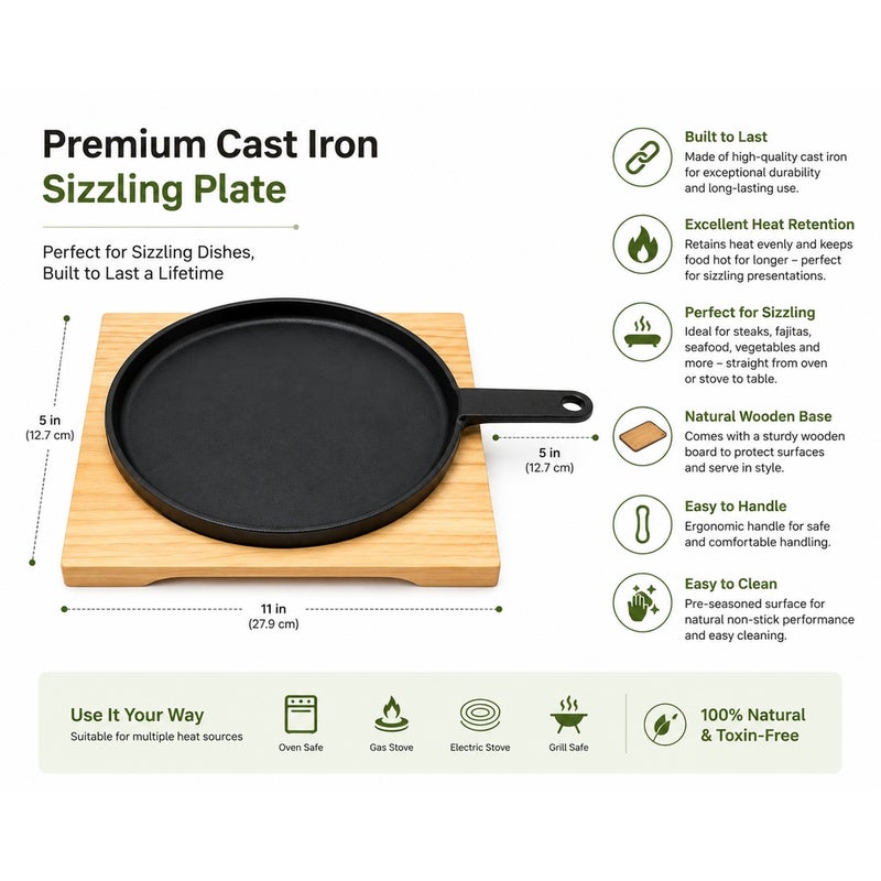 Round Cast Iron Serving Pan with Wooden Board 26 cm - A-865GL - Image 4