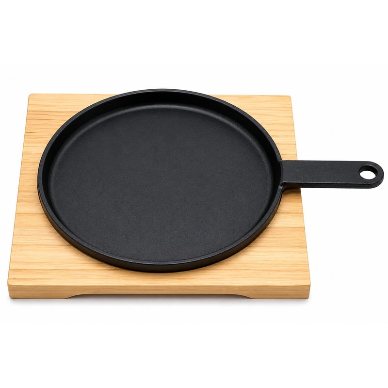 Round Cast Iron Serving Pan with Wooden Board 26 cm - A-865GL - Image 1