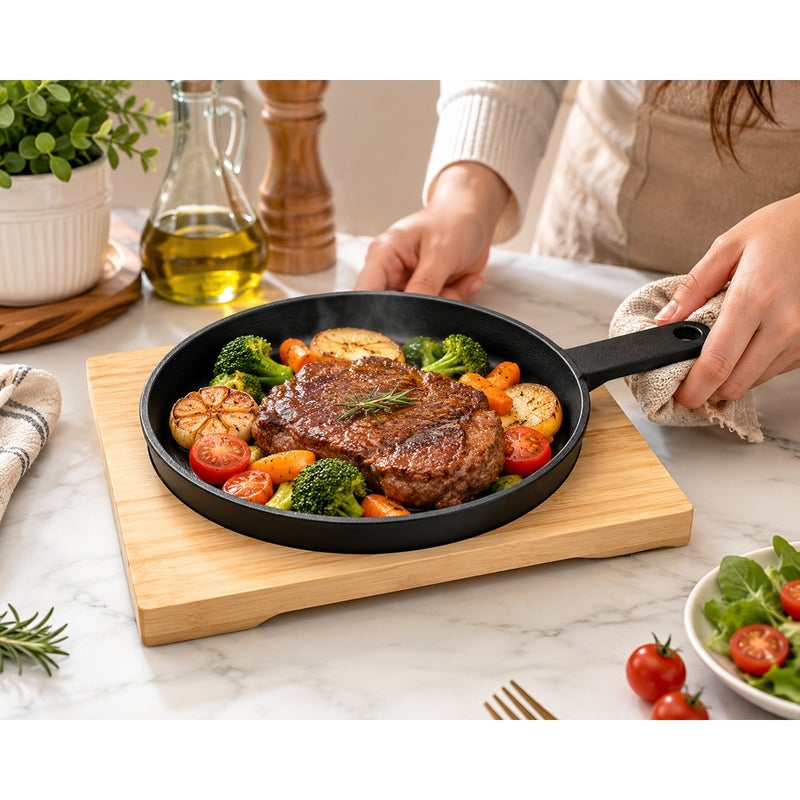 Round Cast Iron Serving Pan with Wooden Board 26 cm - A-865GL - Image 2