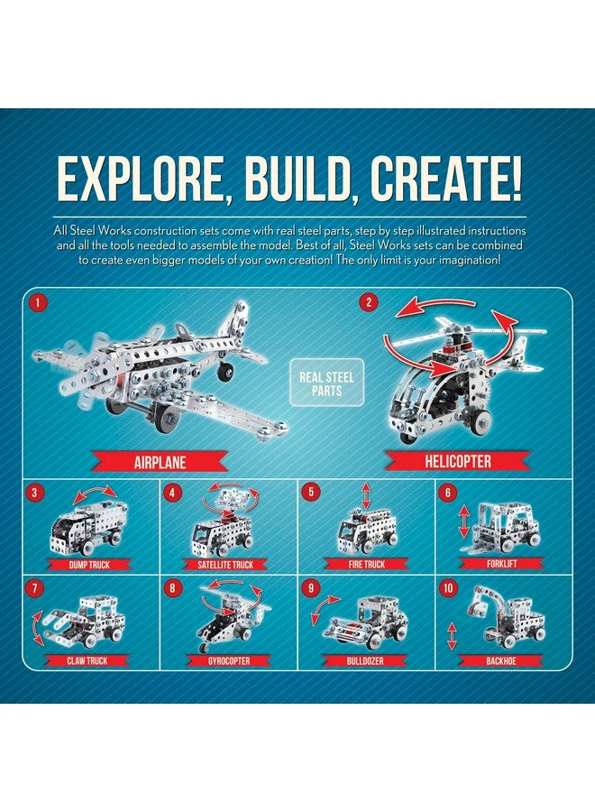 Schylling مجموعة بناء ميكانيكية من شيلينغ ستيل ووركس - مجموعة بناء من الصلب - تشمل 300 قطعة، أدوات، وتعليمات لصنع 10 نماذج مختلفة - للأعمار من 8 سنوات وما فوق - Image 3
