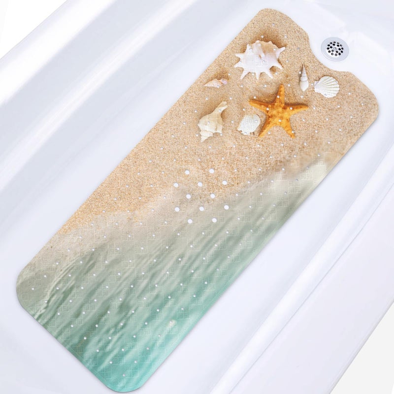 Culudea Beach Starfish Shells Bath Mat for Tub Non Slip, Blue Sea Ocean 40 X 16 Inch Extra Long Bathtub Mat for Tub Anti Slip with Suction Cups and Drain Holes for Kids Adults Elderly - Image 1