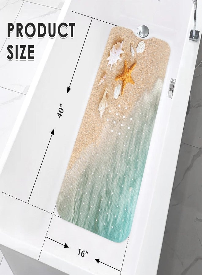 Culudea Beach Starfish Shells Bath Mat for Tub Non Slip, Blue Sea Ocean 40 X 16 Inch Extra Long Bathtub Mat for Tub Anti Slip with Suction Cups and Drain Holes for Kids Adults Elderly - Image 2
