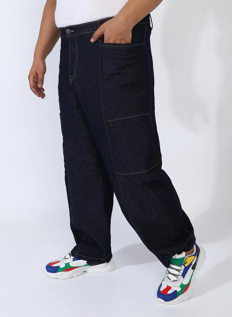 Instafab Plus Instafab Plus Men's Navy Blue Barrel Cargo Denim Jeans For Casual Wear | Dark-Wash | Mid-Rise | Button Closure | Plus-Size Denim Jeans Crafted With Comfort Fit For Everyday Wear