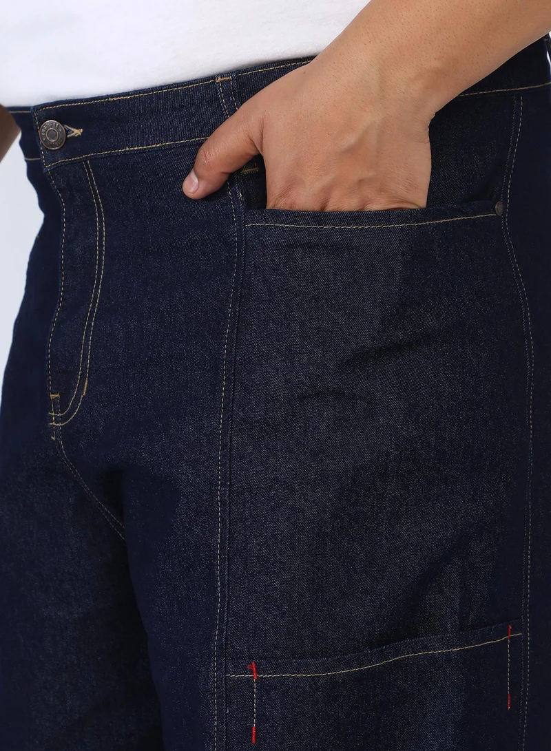 Instafab Plus Instafab Plus Men's Navy Blue Barrel Cargo Denim Jeans For Casual Wear | Dark-Wash | Mid-Rise | Button Closure | Plus-Size Denim Jeans Crafted With Comfort Fit For Everyday Wear