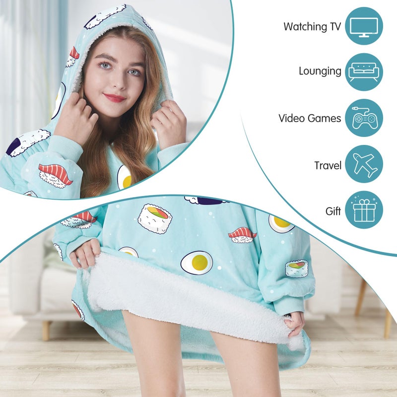 Felicigeely Oversized Wearable Blanket Hoodie  Blanket Sweatshirt for Adults Women Men Warm Cozy Cute Sushi Pattern Hooded Blanket with Pockets and Sleeves Christmas Gift for Her Mom Girls - Image 3