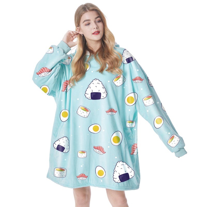 Felicigeely Oversized Wearable Blanket Hoodie  Blanket Sweatshirt for Adults Women Men Warm Cozy Cute Sushi Pattern Hooded Blanket with Pockets and Sleeves Christmas Gift for Her Mom Girls - Image 1