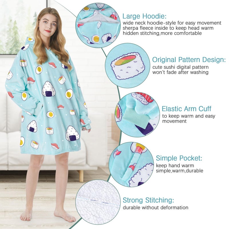 Felicigeely Oversized Wearable Blanket Hoodie  Blanket Sweatshirt for Adults Women Men Warm Cozy Cute Sushi Pattern Hooded Blanket with Pockets and Sleeves Christmas Gift for Her Mom Girls - Image 2