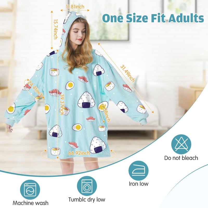 Felicigeely Oversized Wearable Blanket Hoodie  Blanket Sweatshirt for Adults Women Men Warm Cozy Cute Sushi Pattern Hooded Blanket with Pockets and Sleeves Christmas Gift for Her Mom Girls - Image 4