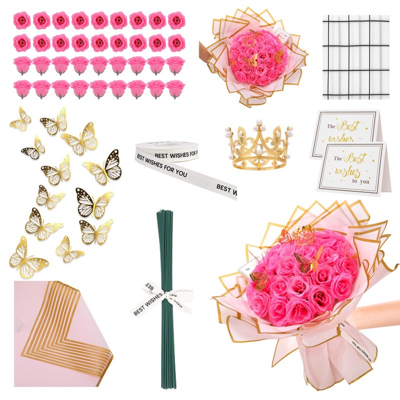 Ovveroche 36 PCS Glitter Roses Bouquet Kit, Pink Sparkling Flower Arrangement with Stems, Butterflies, Crown, Wrapping Paper, Card, Ribbon for Wedding, Graduate, Birthday, DIY Crafts - Image 1