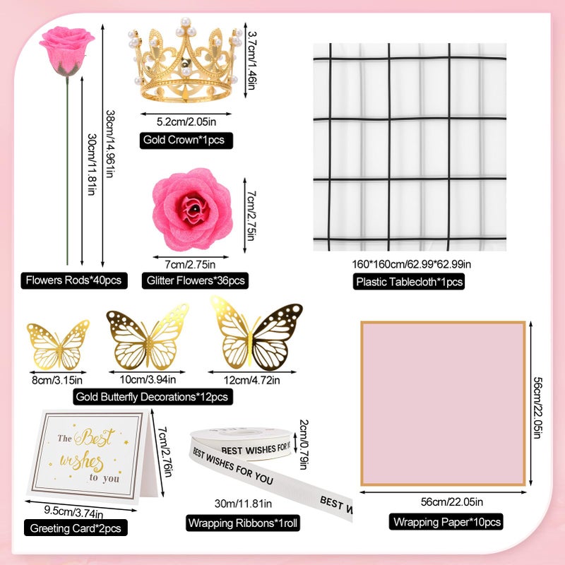 Ovveroche 36 PCS Glitter Roses Bouquet Kit, Pink Sparkling Flower Arrangement with Stems, Butterflies, Crown, Wrapping Paper, Card, Ribbon for Wedding, Graduate, Birthday, DIY Crafts - Image 3