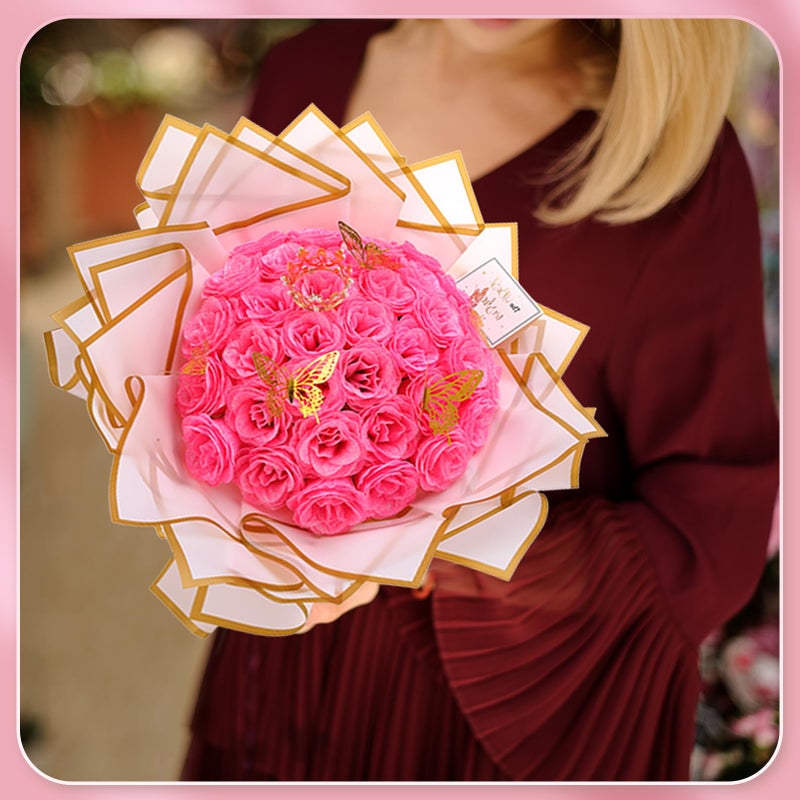 Ovveroche 36 PCS Glitter Roses Bouquet Kit, Pink Sparkling Flower Arrangement with Stems, Butterflies, Crown, Wrapping Paper, Card, Ribbon for Wedding, Graduate, Birthday, DIY Crafts - Image 4