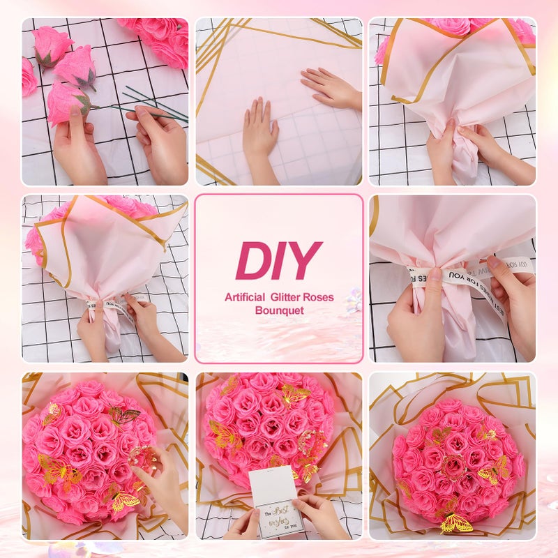 Ovveroche 36 PCS Glitter Roses Bouquet Kit, Pink Sparkling Flower Arrangement with Stems, Butterflies, Crown, Wrapping Paper, Card, Ribbon for Wedding, Graduate, Birthday, DIY Crafts - Image 2