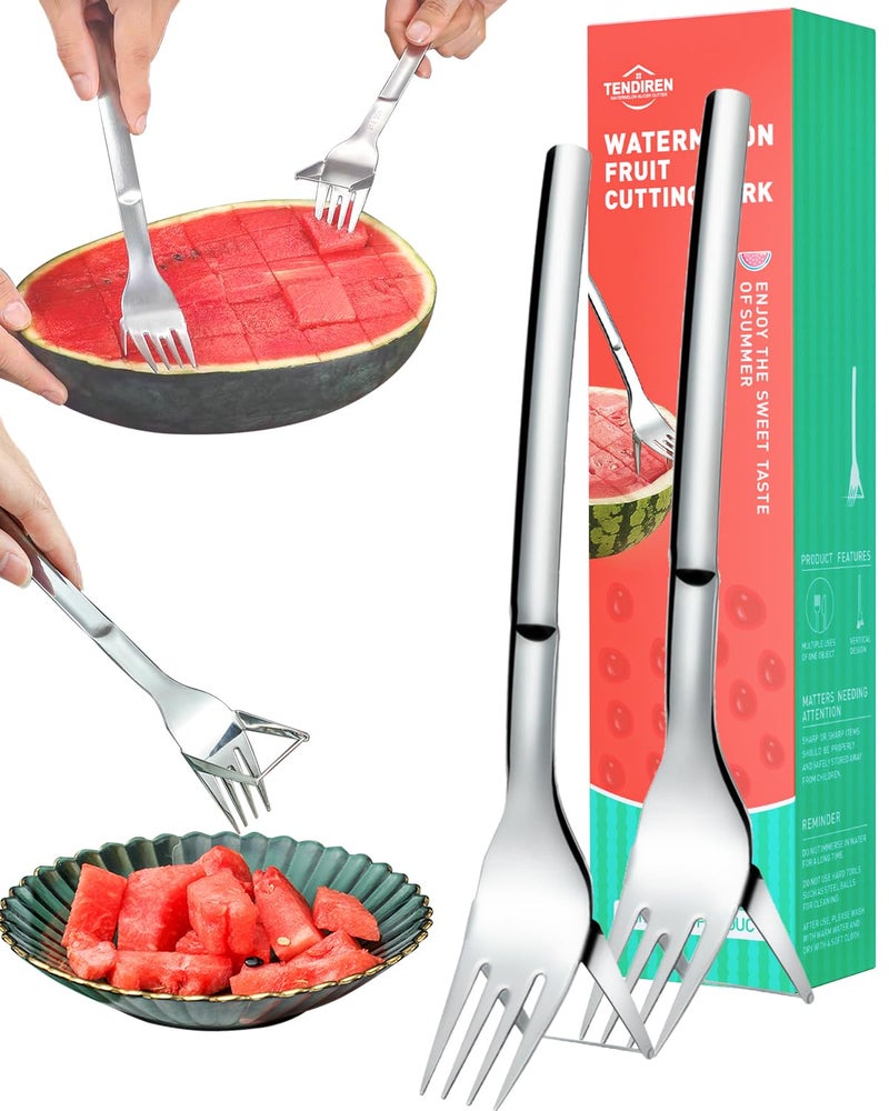 Watermelon Slicer Cutter 2 Pack 2in1 Watermelon Fork Slicer Summer Watermelon Cutting Artifact Stainless Steel Fruit Forks Slicer Knife for Family Parties Camping