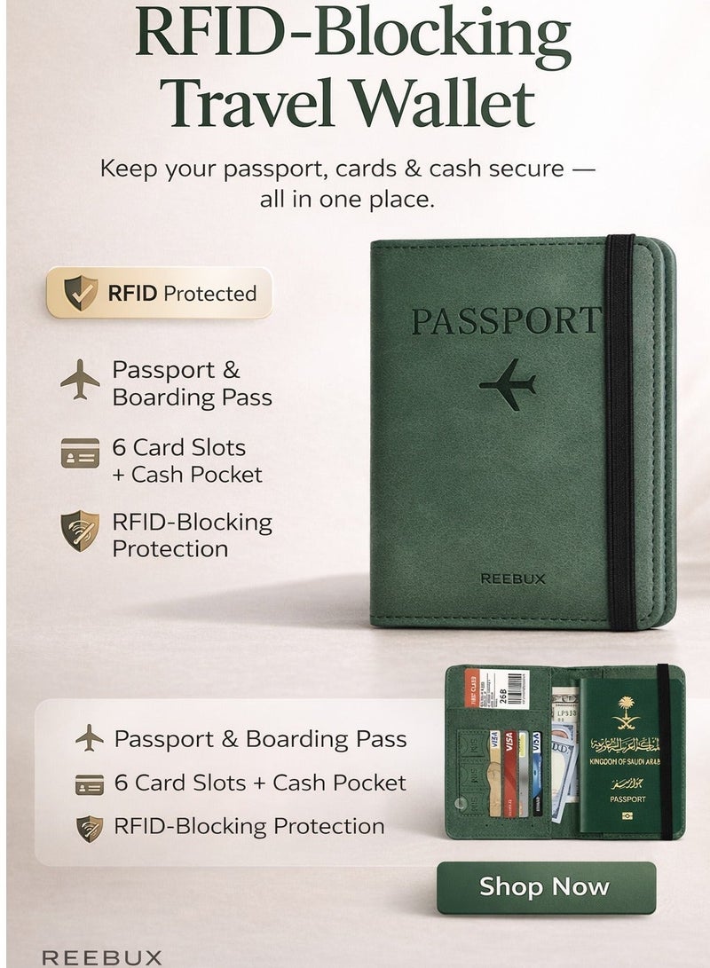 Reebux Passport Travel Holder Cover Case with Elastic Strap, PU Leather RFID Blocking Document Organizer Protector,for Credit & ID Cards, Boarding Passes - Image 3