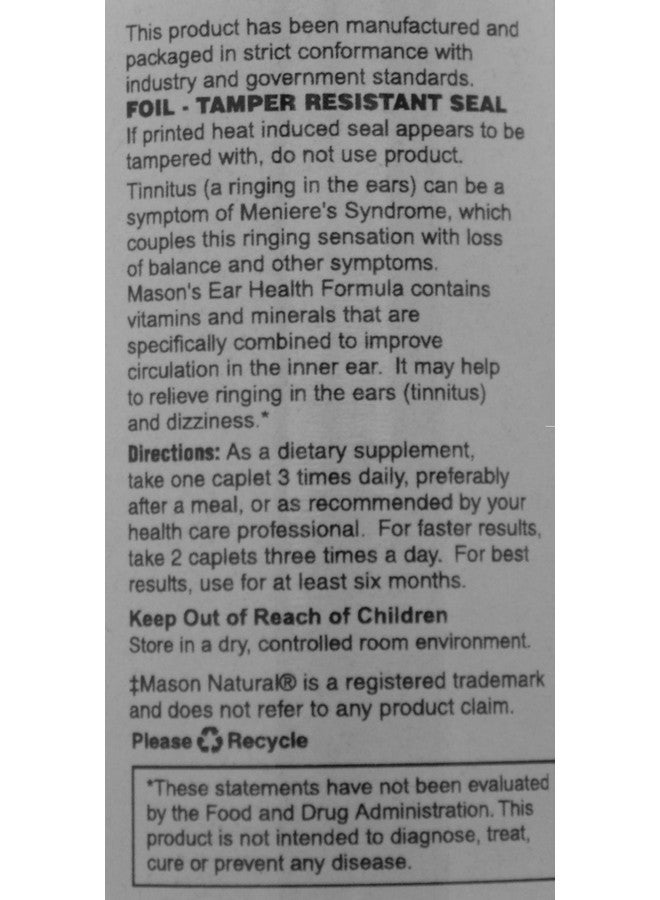 Mason Natural Advance Ear Health Formula Bioflavonoids Plus 100 Caplets per Bottle Pack of 2 Total 200 Caplets - Image 2