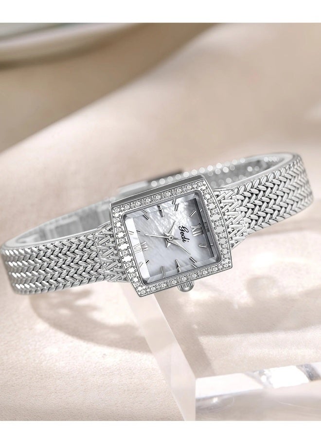 gedi Women's Luxury Square Watch - Crystal Studded Case with Mother of Pearl Dial & Braided Metal Strap | Elegant Formal Wristwatch - Image 3