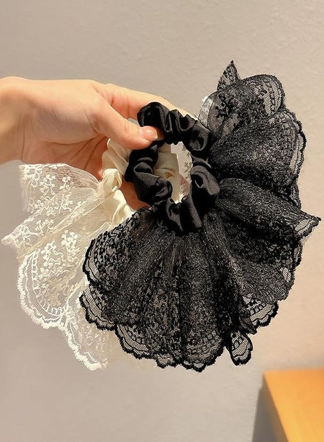 Melodio 2PCS Double-Layer Lace Skirt Hair Scrunchie for Women, Ruffled Ponytail Holder Elastic Hair Tie, Cute Soft Girl Style Hairband for Girls, Simple Daily Hair Accessories - Image 2