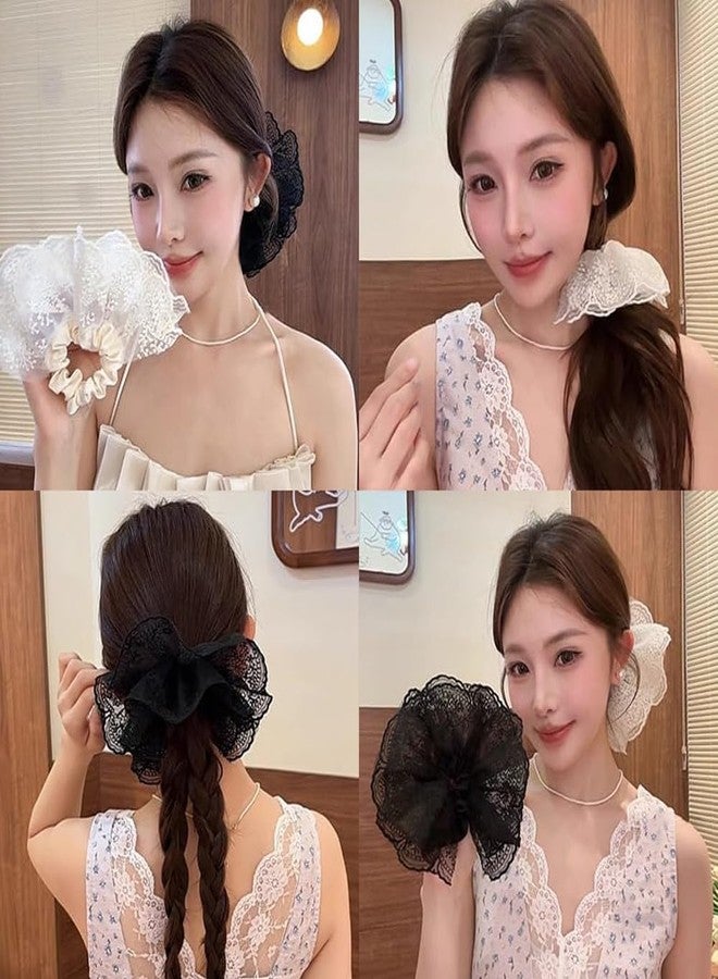 Melodio 2PCS Double-Layer Lace Skirt Hair Scrunchie for Women, Ruffled Ponytail Holder Elastic Hair Tie, Cute Soft Girl Style Hairband for Girls, Simple Daily Hair Accessories - Image 3