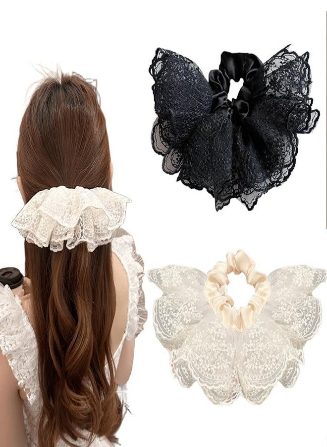 Melodio 2PCS Double-Layer Lace Skirt Hair Scrunchie for Women, Ruffled Ponytail Holder Elastic Hair Tie, Cute Soft Girl Style Hairband for Girls, Simple Daily Hair Accessories - Image 1