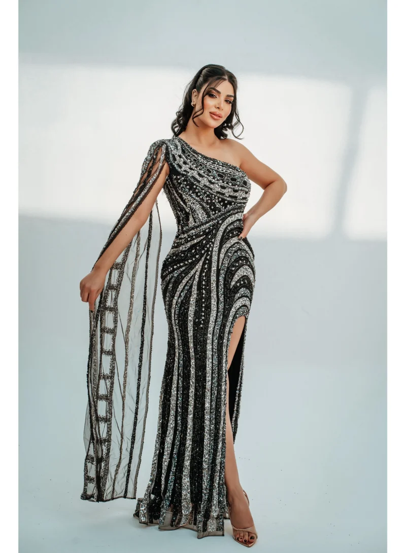 Marvella By Rasha black with silver One-Shoulder Sequin Wave Gown for Women | Best Price UAE