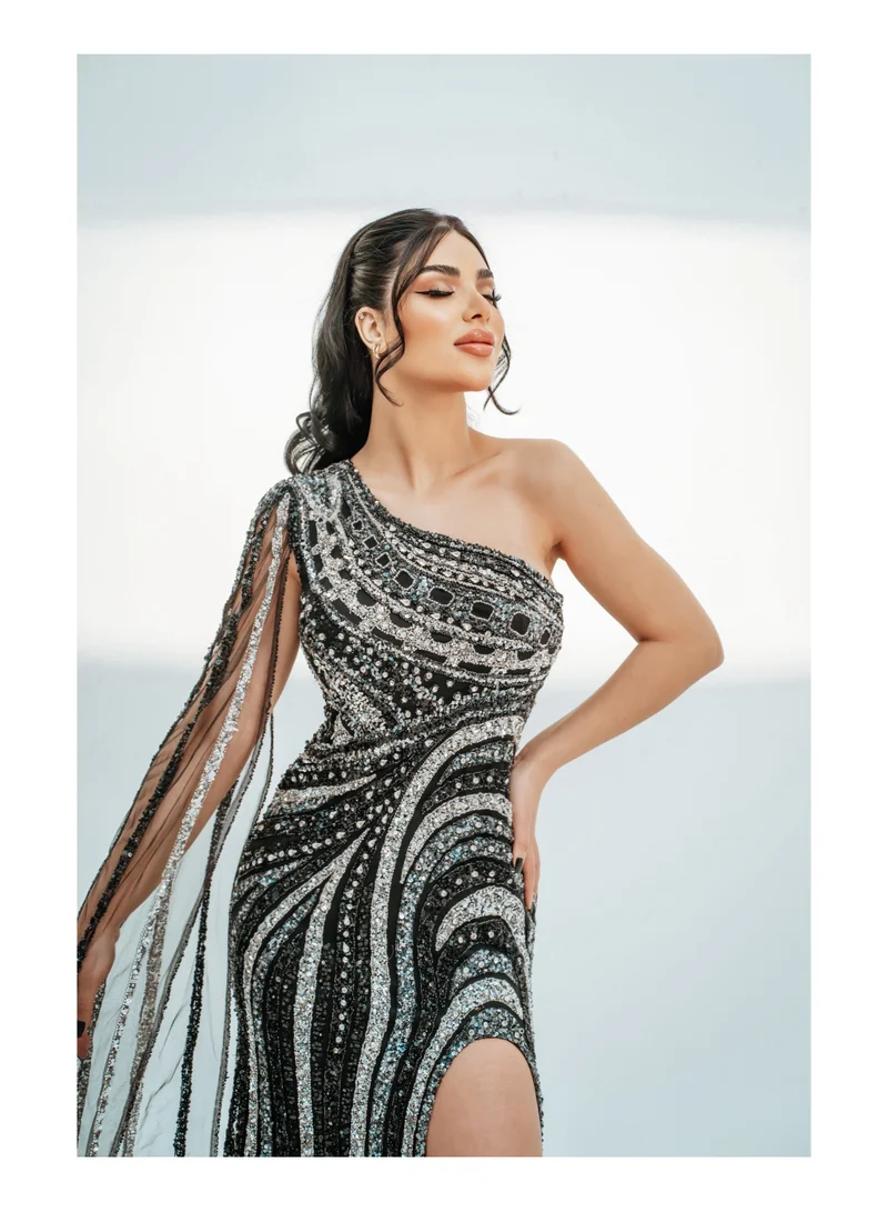 Marvella By Rasha black with silver One-Shoulder Sequin Wave Gown for Women | Best Price UAE